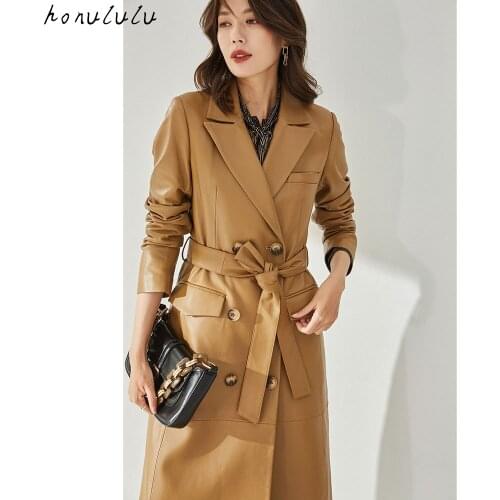 2021 autumn and winter new sheepskin soft front shoulder suit collar mid-length leather coat windbreaker women