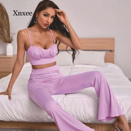 Slim Sexy Ruched Solid Tube Crop Top and Flared Trousers Set Spaghetti Strap Tops Pants Suit High Waist Summer Casual Women Kit