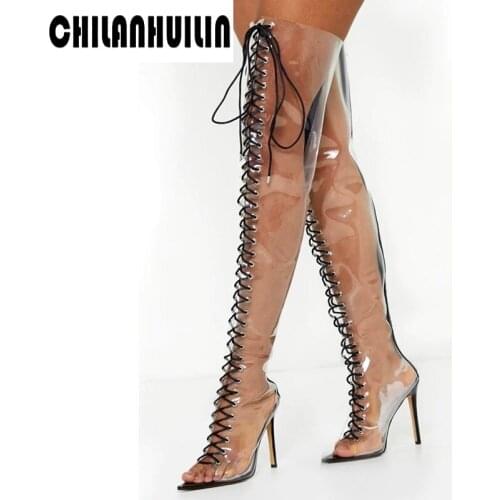 Sexy thigh high womens long boots pole dance girls fetish female transparent high heels spring summer fashion stripper shoes