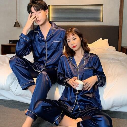 Spring Autumn New Lovers 2PCS Pajamas Suit Satin Sleep Set Intimate Lingerie Big Size Nightwear Women&Men Pyjamas Home Clothing