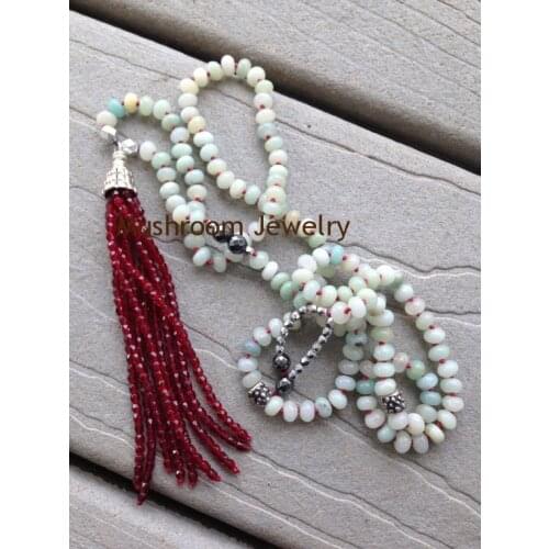 Hand knotted Boho Stone Necklace Aquamarine Stone Rondels Small Tassel Women Necklace Boho