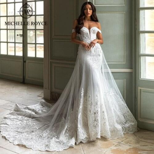 Michelle Royce A-Ling Wedding Dresses 2021 Sweetheart Off the Shoulder Appliques Detachable Train Bridal Gowns Vestido De Noiva