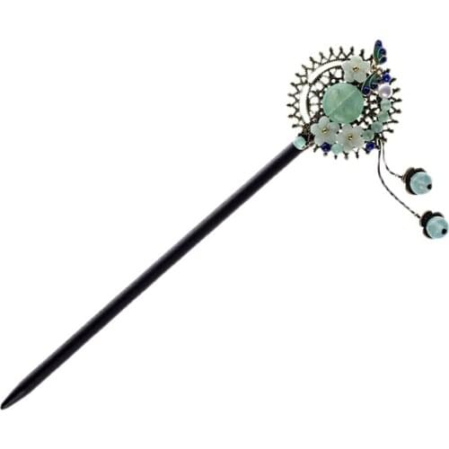 Chinese style retro Cloisonne Natural jade tassel handmade hairpins hair sticks beaded up do small bun hairclip