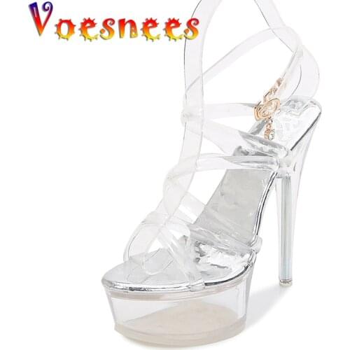 Voesnees New Women Shoes Summer Fine Sexy Sandals Transparent Cross belt Waterproof Catwalk Shoes Crystal 14cm High-heeled