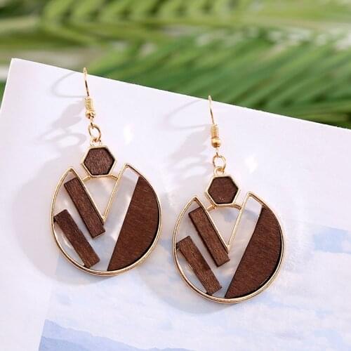 Fashion Metal Hollow Round Circle Drop Earrings For Women 2019 Trendy Boho Hexagon Semicircle Geometric Wooden Hanging Earring