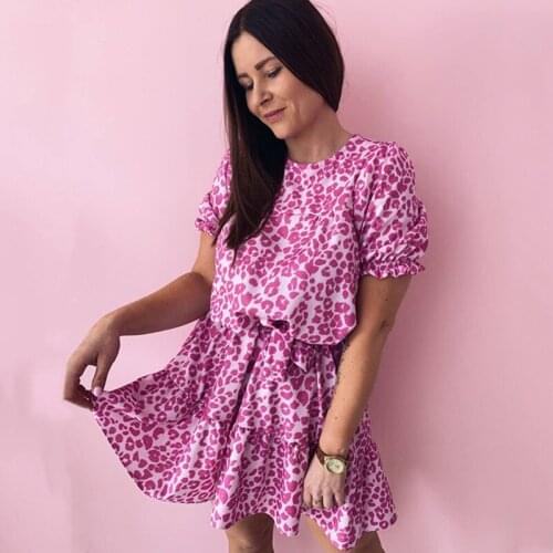 2021 Summer Pink Leopard Print Mini Dress For Women Short Sleeve Round Belt Lace Up Ruffle Loose Ladies Casual Femme Dresses XXL