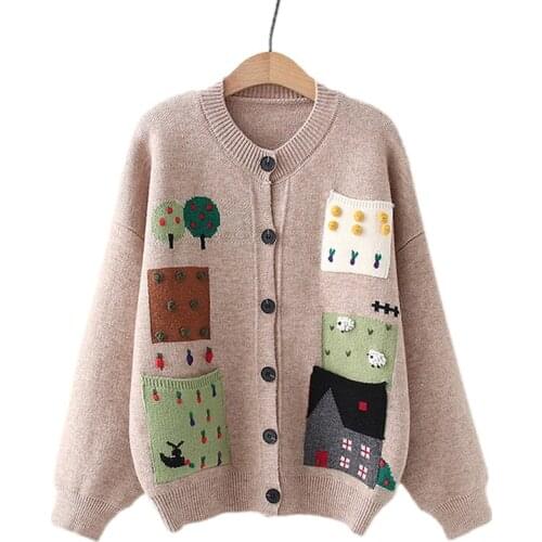 Winter Kawaii Cartoon Patch Oversize Cardigan Women Cute Floral Vintage Knitted Sweater Korean Fashion Wool Grey Knitwear Coat