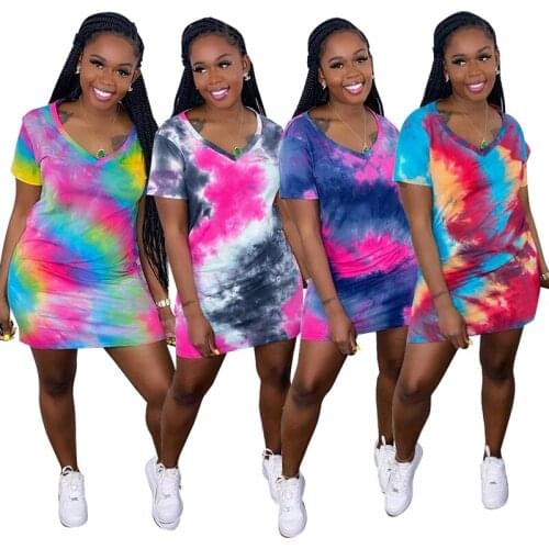 ZKYZWX Sexy Tie Dye Summer Mini Dresses for Women Short Sleeve V Neck Birthday Outfits Vintage Clothes Female Bodycon Club Dress
