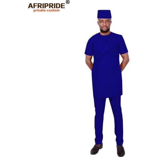 2019 African Men Clothing Traditional Set Dashiki Outfit Short Sleeve Coat Pants Tribal Hat Tracksuit Wax AFRIPRIDE A1916023