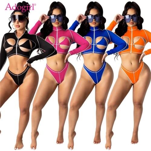 Adogirl Women Solid Sexy Two Piece Set Hollow Out Long Sleeve Crop To Briefs Beach Holiday Swimwear Swimming Suit Clubwear