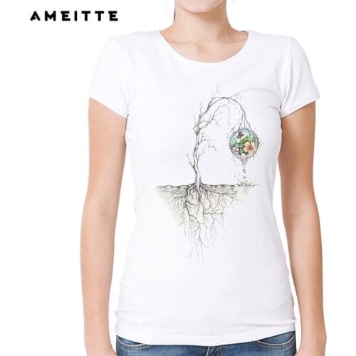 AMEITTE Creative Tree branches T-Shirt Women Fashion Art Design Flowers/butterfly Print T Shirt Summer Hipster Female Tee Tops