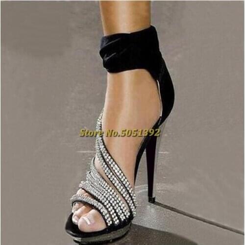 Black Evening Shoes Rhinestone Ankle Strap High Heels Prom Shoes Open Toe Cut Out Thin High Heel Summer Sandals Crystal
