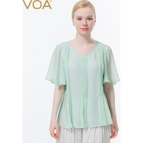 VOA Silk Green Dark Jacquard Round Neck Lotus Leaf Short Sleeve Bump Splicing Fold Decoration Small Fresh T-shirt BE635
