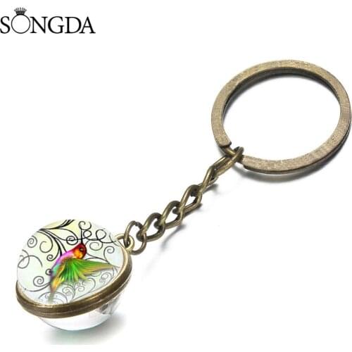 Hummingbird Pattern Pendant Keychain Crystal Double Side Cabochon Glass Ball Fashion Car Key Ring Jewelery Women Gift Wholesale