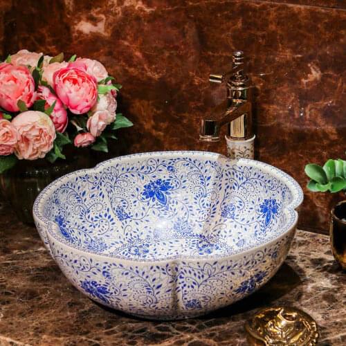 Bathroom Lavabo Ceramic Counter Top Wash Basin Cloakroom Hand Painted Vessel Sink bathroom sink Blue and white flower wash basin