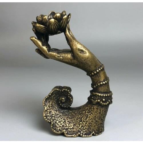 Chinese Antique Collectible Old Brass Buddha Hand Lotus Handwork Incense Holder Statues for Decoration Collection Ornaments