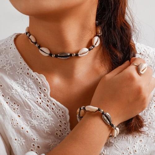 HuaTang 2021 Boho Sea Shell Choker Clavicle Necklace Bracelet Rings Handmade Braided Rope Chains Adjustable Women Jewelry Set