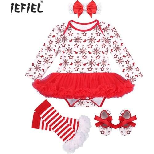 Newborn Baby Girl Romper Xmas Outfit Clothes Snowflake Pattern Printed Long Sleeves Baby Romper with Headband Leg Warmer Shoes