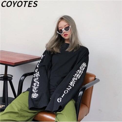 COYOTES Womens T-Shirts O-Neck Hip Hop Long Sleeve T-Shirt Women Letter Printed BF Harajuku Korean Style Tees Loose Trendy