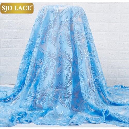 SJD LACE Soft Tulle Sky Blue African Lace Fabric 2021High Quality French Lace Fabric Sequined Milk Silk For Wedding Dress A2312