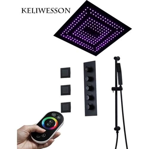 400mm Massage Shower Head Rainfall LED Shower Black Color Ceiling Mounted Thermostatic Shower Faucets Brass Valve Showers