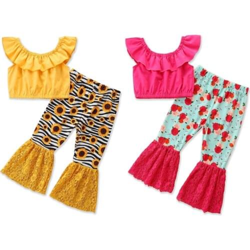 New Summer 1-6Y Baby Girl Floral Print 2Pcs Set Ruffle Sleeveless Tank Top+Flare Pants Kids Children Clothes Outfit