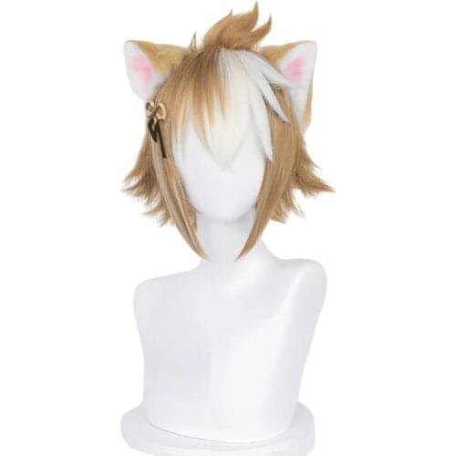 Game Genshin Impact Gorou Short Brown White Wig with Ears Synthetic Hair Wig Gorou Halloween Party Carnival Role Play Wig