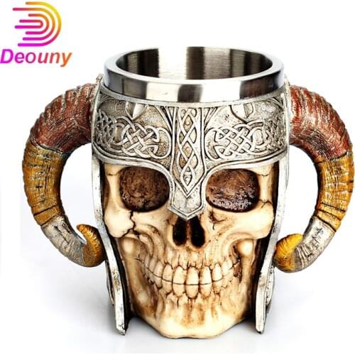 DEOUNY Beer Mug Double Stainless Steel Skull Knight Sheep Horn Resin Drinking Coffee Water Stein Cup Halloween Bar Gift 550ML