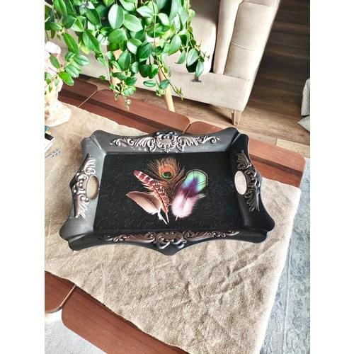 DOLBOVI Home Authentic Rectangle Presentation Tray 46x38 cm Bird Feather Model glass saucer tray set tray serving tray tea set tea tray tea table trays decorative food tray gold tray trays mirror tray plateau glass