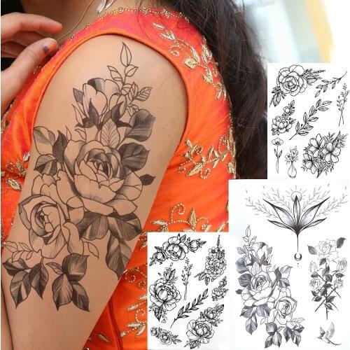 Half Sleeve Flower Temporary Tattoos For Women Girl Realistic Black Rose Tattoo Sticker Fake Body Arm DIY Tatoo Paper Peony Bird