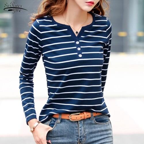 Cotton Shirts Women Long Sleeve Striped Shirt Spring Autumn Female Clothing Fashion Tops Lady V-neck Plus Size Blusas Mujer 7215