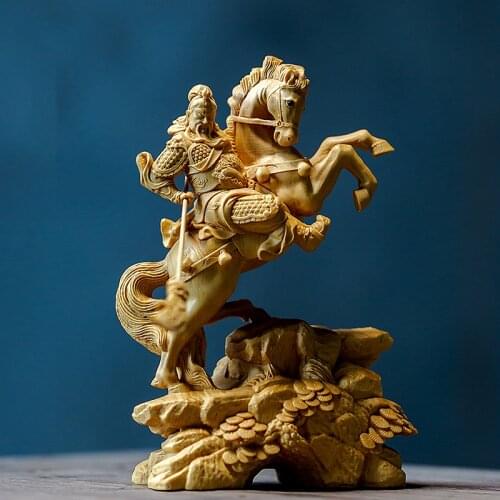 Boxwood 14CM Guanyu Sculpture The Three Kingdoms Figure Wood Statue Riding Horse Guan Gong Feng Shui Home Decor