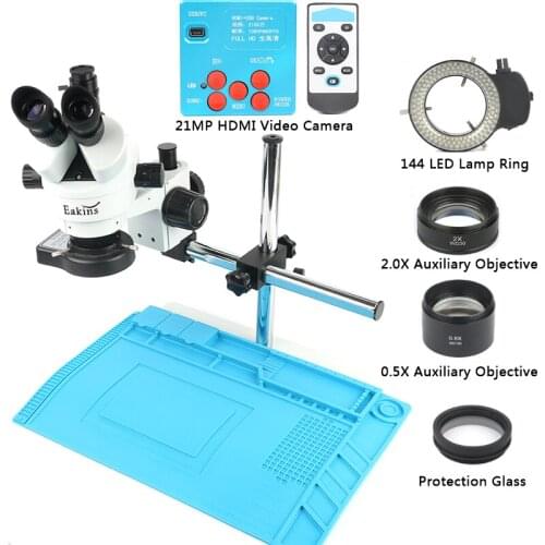 Simul-Focal Continuous Zoom 7-45X Trinocular Stereo Microscope 21MP HDMI Microscope Camera 144 LED Ring Light Universal bracket