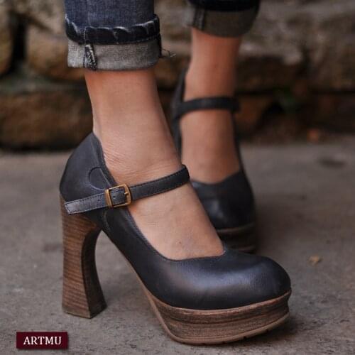 Artmu Fashion Womens Pumps 9.5 CM Super High Heels Business Shoes Lady Genuine Leather Comfortable Buckle Work Shoes Handmade