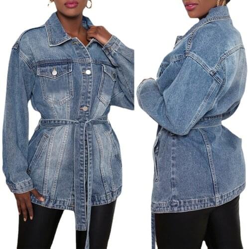 Female Denim Jacket Turn-Down Collar Long Sleeve Coat with Pockets and Waist Belt for Spring Fall Blue S/M/L/XL/XXL/XXXL
