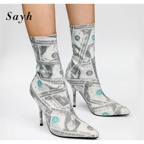 Female Gladiator Rome Boots Winter Ankle Boots Sock Stretch Boots Print Pattern Boots High Heels Pumps Stilettos Shoes Size Plus