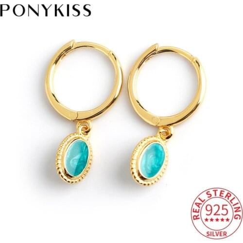 PONYKISS Real 925 Sterling Silver Round Blue Zircon Minimlist Hoop Earrings Women Party Jewelry Prevent Allery chic Accessory