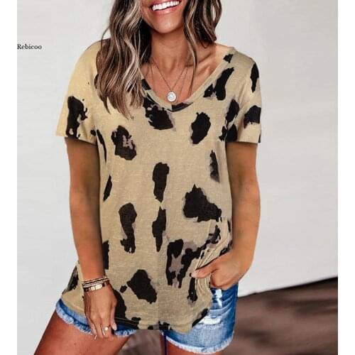 Women Leopard V Neck Short Sleeve Woman T-Shirts Loose Top Casual Soft Tops Tee Shirts Female Plus Size Blusas Femininas Oversiz