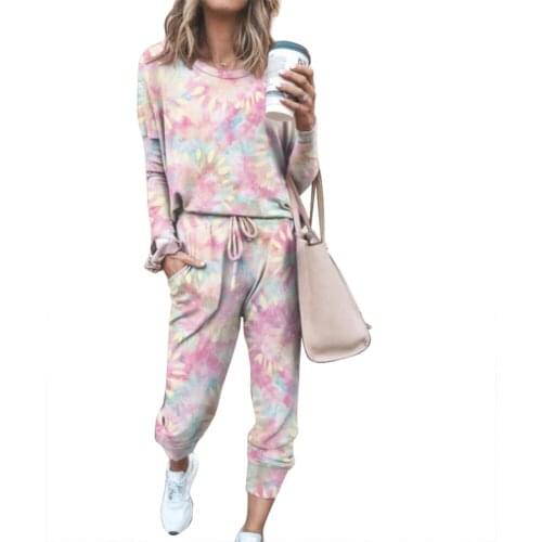 2020 Women Casual 2 Piece set 2020 Autumn 2pcs Long Sleeve Loose O Neck Pullover Sweatshirt Sweatpants Tie Dye Suit Sportswear