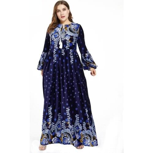 Long Sleeve Autumn Winter Dresses Gold Velvet High Waist Loose S To 3XL Floral Print Long Maxi Dress Women Robes T6245