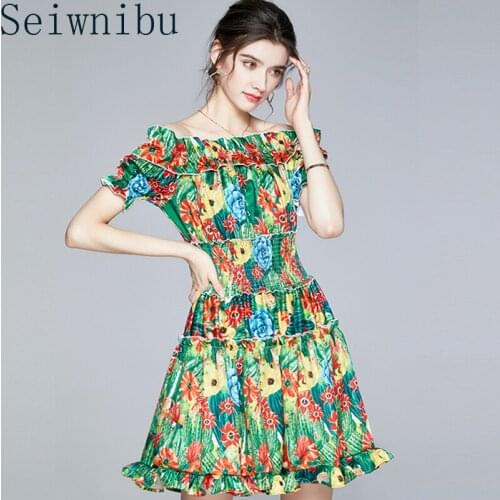 Elegant Women Floral Print Mini Dress Summer Off Shoulder slash neck Party Dress Retro Sexy Backless Slim Sundress Vestidos