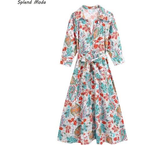 Splend Moda 2021 Autumn New Casual Vintage Printed Belt Fashion High Waist Lace-up Flower Long-Sleeve Dress Women Vestido Chic