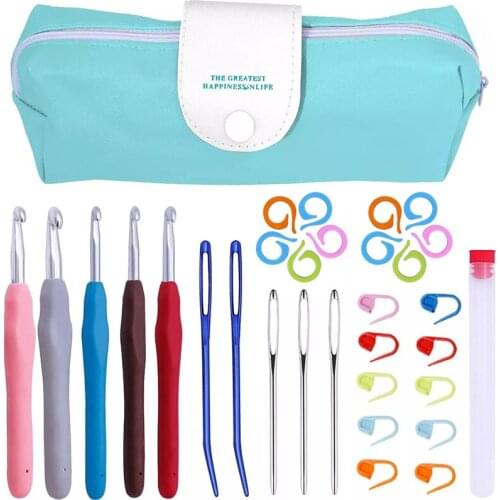 Imzay 32PCS Crochet Hooks Kit, Ergonomic Handle Crochet Hooks Knitting Needles With Yarn Needles, Plastic Stitch Markers