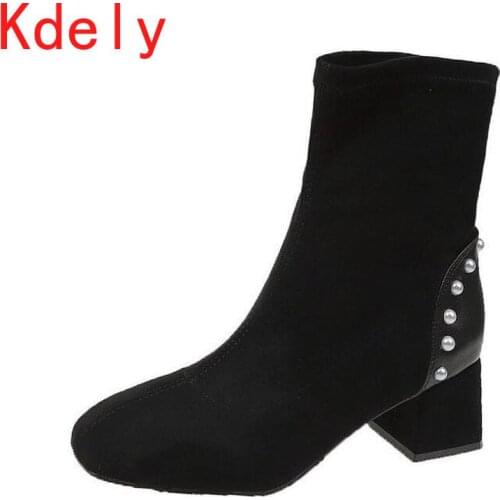 Shoe Boots Spring and Autumn Single Boots Thick Heels Socks Boots Square-headed Elastic Boots High-heeled Boots Botas Mujer