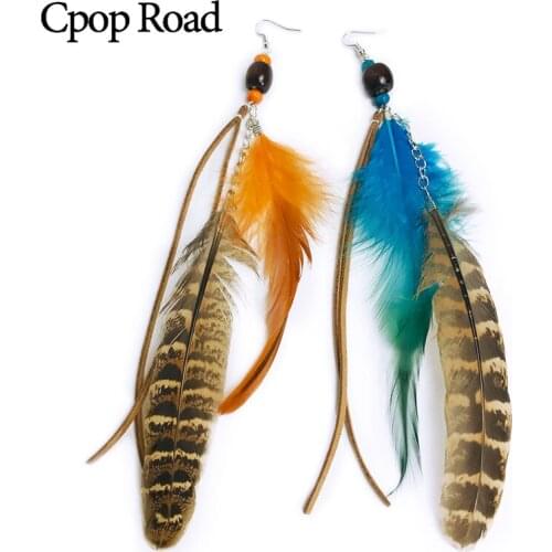 Cpop Long Vintage Boho Feather Earring for Women Ethnic Beads Leather Tassel Earring Jewelry Accessories Hot Sale Gift Wholesale