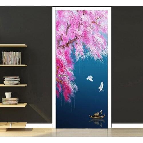 Blossom Flowers Blue Lake Ink Painting Door Sticker for Bedroom PVC Waterproof Self-adhesive 3D Poster Photo Mural Home Decor