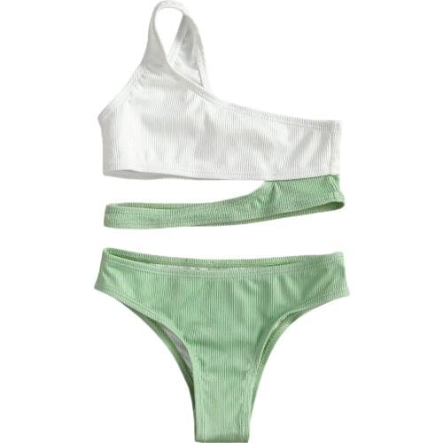 Kid Baby Girls Two Piece Swimwear, One Shoulder Crop Top Low Waist Panties for Summer Swimming Pool 6-12Y