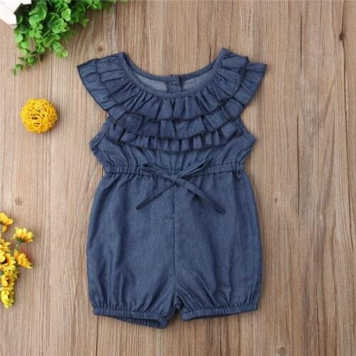 6M-4Y Toddler Kids Baby Girls Princess Ruffle Denim Romper Jumpsuit Outfits Clothes