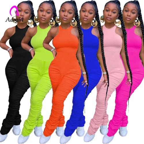Fitness Women Summer Rompers Sport Solid Sleeveless Tank Bodycon Stacked Bell Bottom Flare Jumpsuit Sexy Romper Playsuit Overall