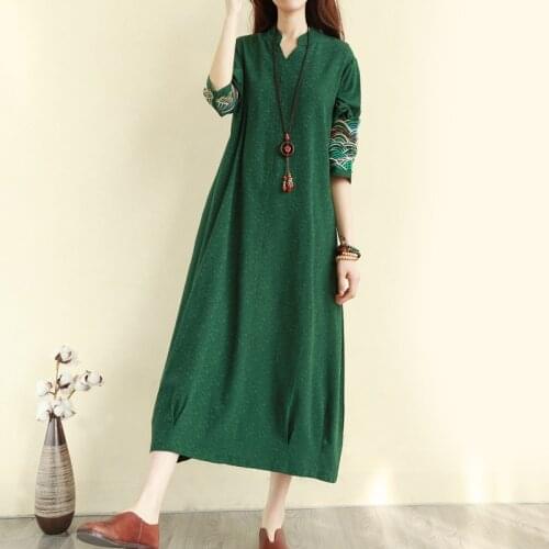 Cotton Linen Chinese Dress Qipao Long Cheongsam Embroidery Elegant Chinese Dresses Long Sleeves Robe Vintage Femme Vestido 10572